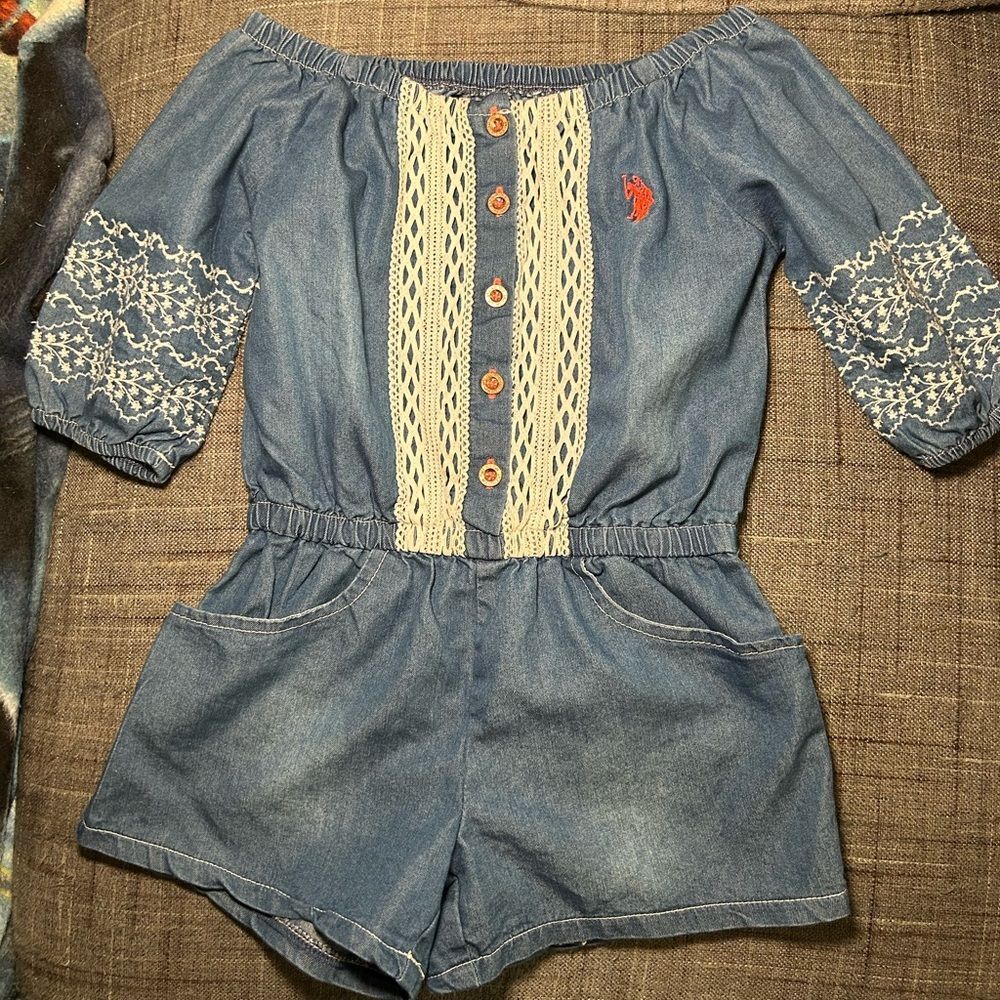 U.S. Polo Assn Girls Denim Romper Size 4 Off Shoulder Embroidered